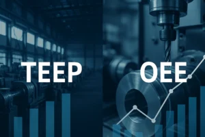 Imagen doble donde se ve una planta y un torno con textos referentes a TEEP y OEE